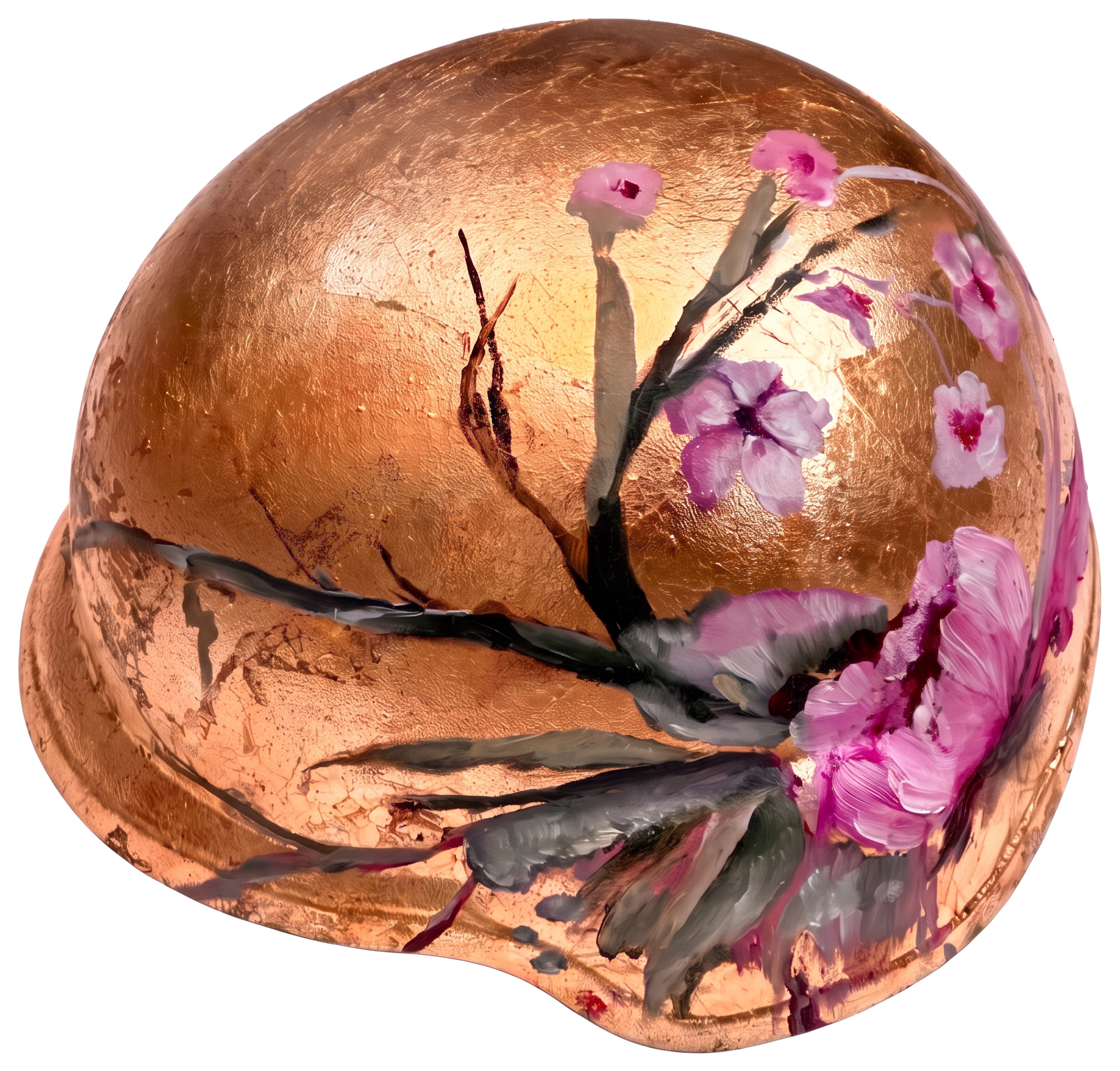 Gold-leafed IDF helmet hand-painted with pink blossoms by Bar Ben Vakil